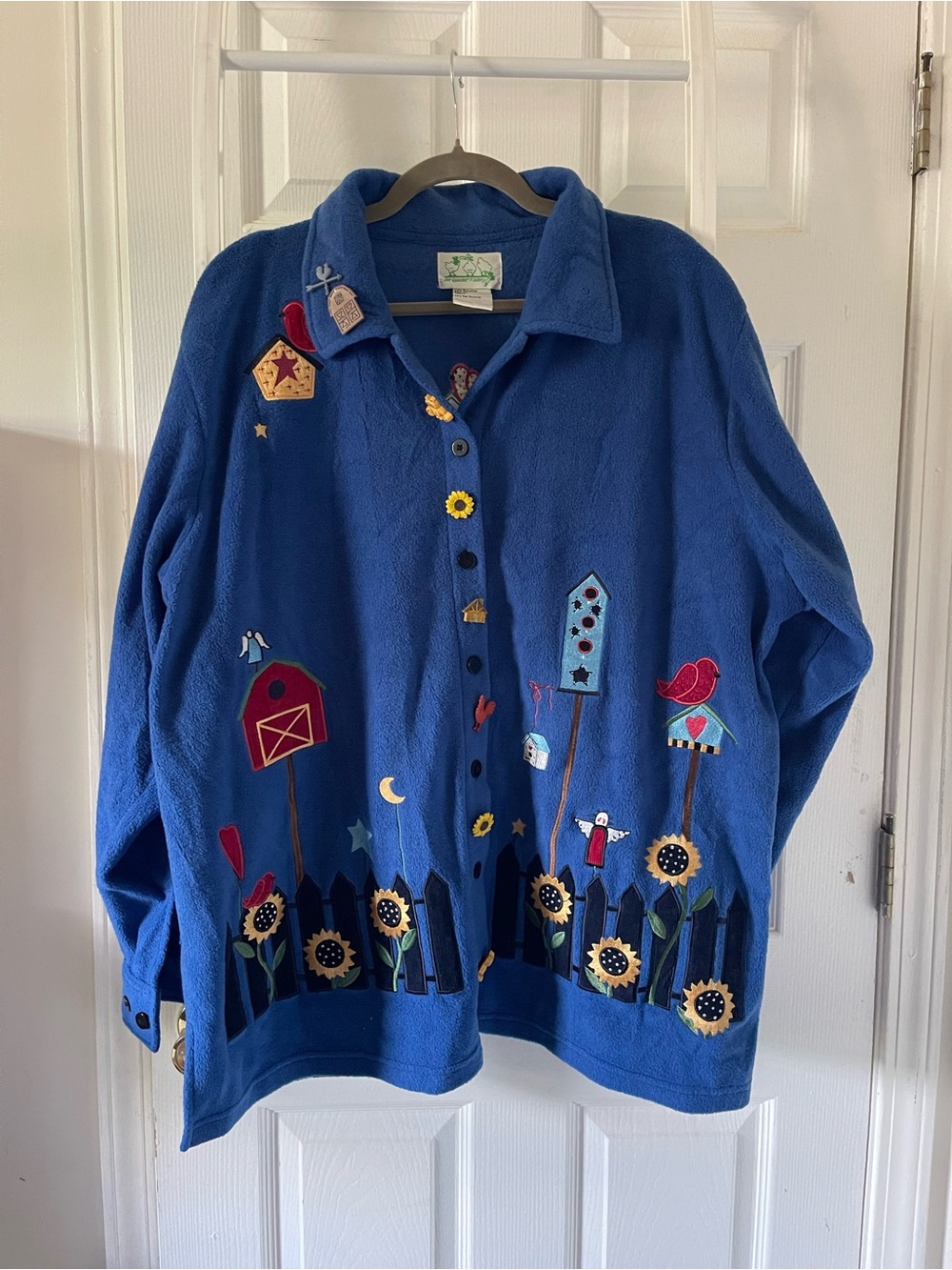Vtg Quacker Factory Royal Blue Fleece Button Jacket Birdhouse Sunflowers 1X